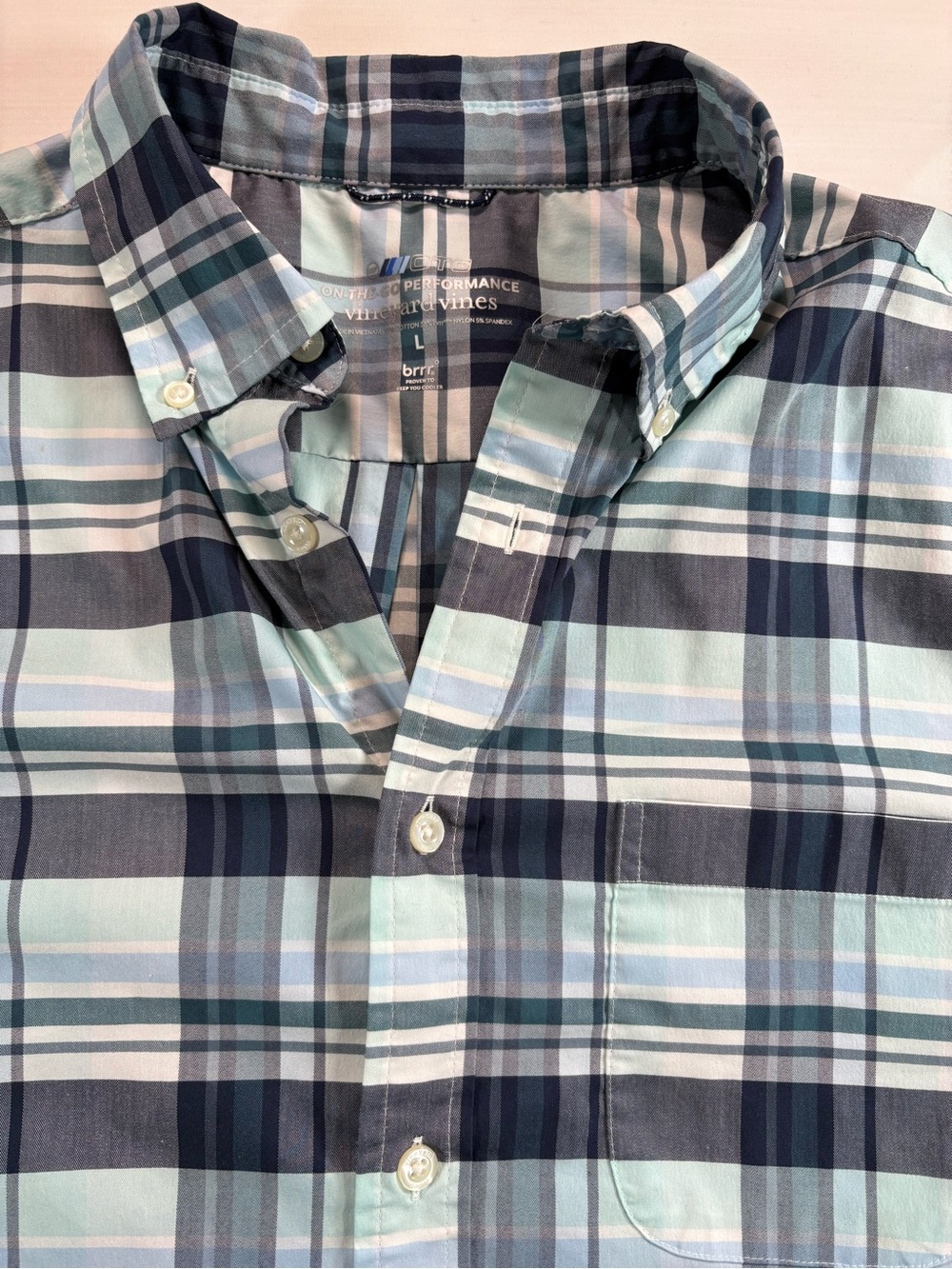Vineyard Vines Mens L On-The-Go Performance Plaid Shirt Blue Mint Green